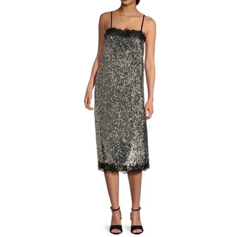 Gianni Bini Lilly Sisto Allegra Silver Sequin Dress Lace Trim Square Neck Party - Picture 2 of 16